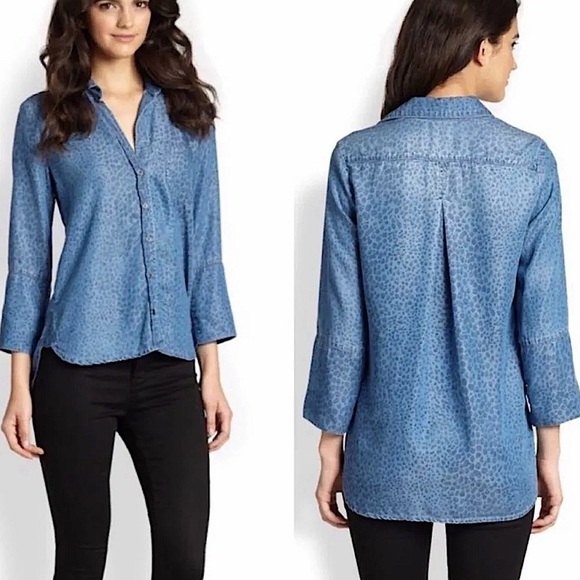 Bella Dahl Animal Print Shirt Tail Chambray Button Down Shirt Flare Sleeve XS - Picture 1 of 11
